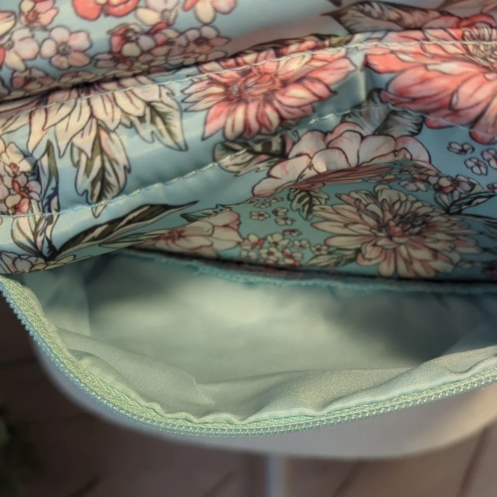 Chrysanthemum Floral‎ Teal and Pink Women's Backpack Purse Satin Feminine Girly